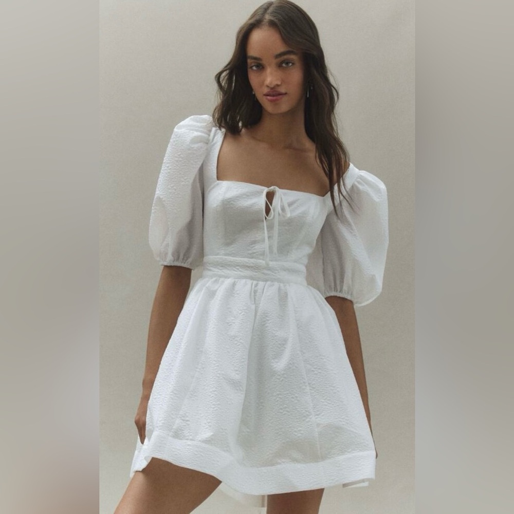 BHLDN Chloe Puff Sleeve Square Neck Jacquard Mini Dress